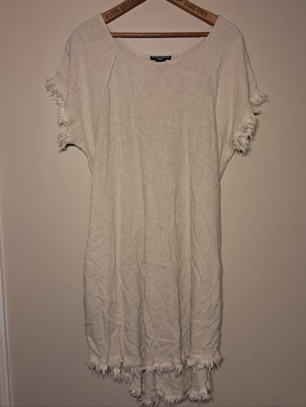 Chelsea & Theodore Cream Fringe-Hem Linen-Blend Dress Medium